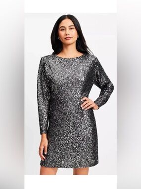 LOFT Silver Gray Sequin Long Sleeve Shift Dress size 10